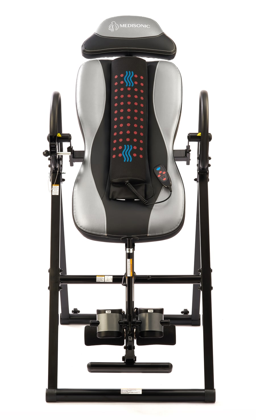Medisonic 510750 inversion table shown from the front, with headrest, lumbar pad, foam backrest and height adjustment shaft visible