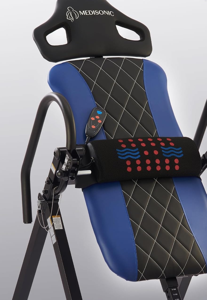 Close-up of a Medisonic removable lumbar pad with heat and vibration massage and its wired remote