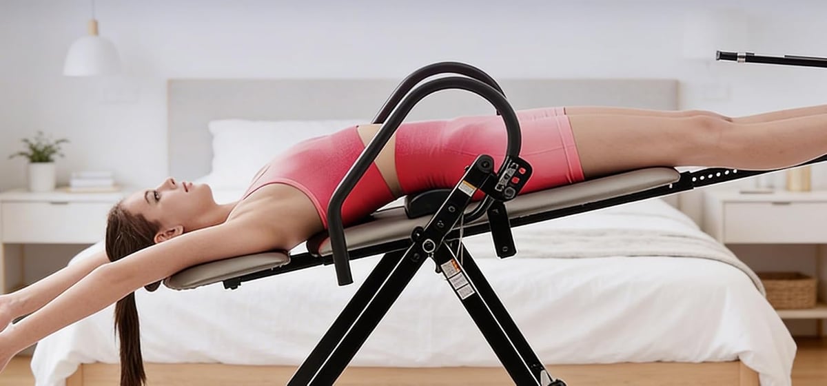 A Medisonic inversion table in use at home during a relief session