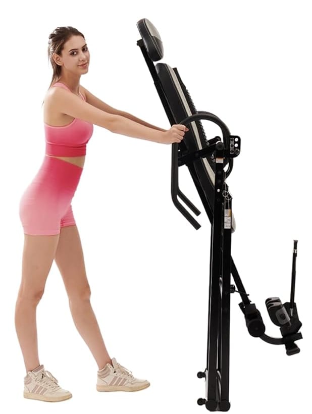 The same Medisonic inversion table folded upright for storage