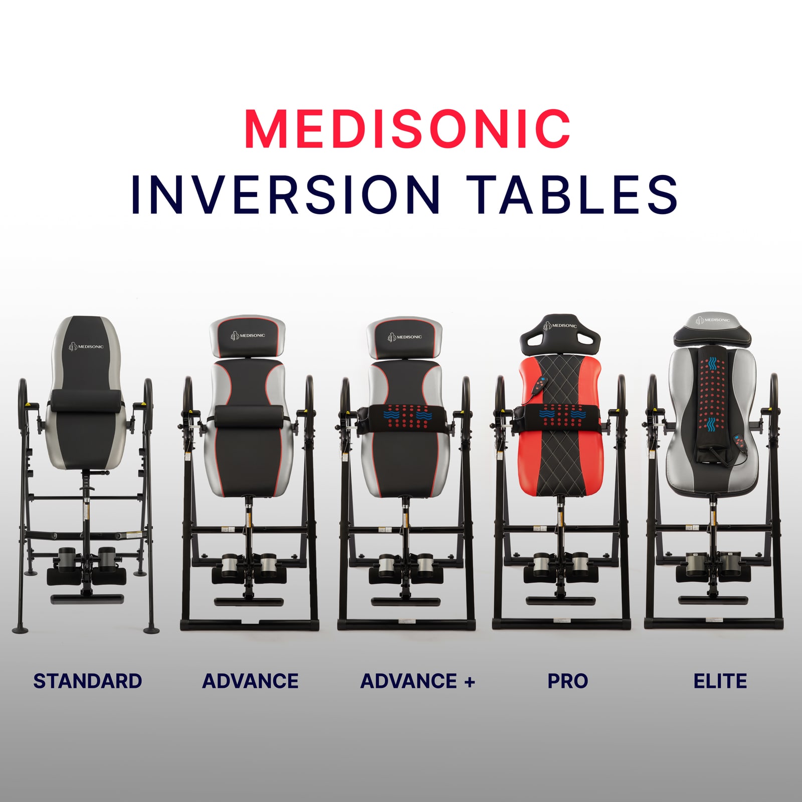 The five Medisonic inversion table tiers: Standard, Advanced, Advanced Plus, Pro and Elite