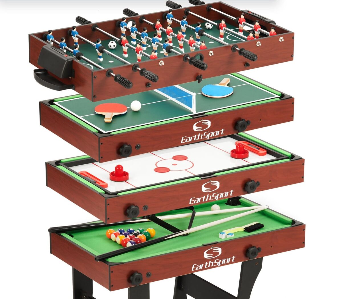 The four playing surfaces of the EarthSport 4-in-1 multi-game table: foosball, ping pong, air hockey, and billiards.