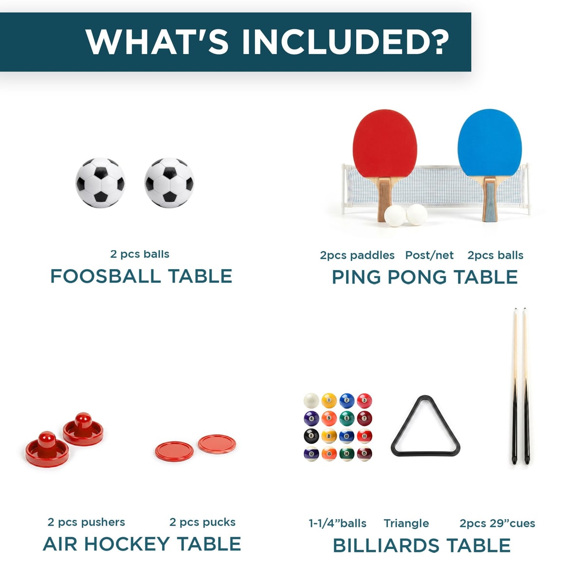 Accessories included with the EarthSport 4-in-1 multi-game table for foosball, ping pong, air hockey, and billiards.