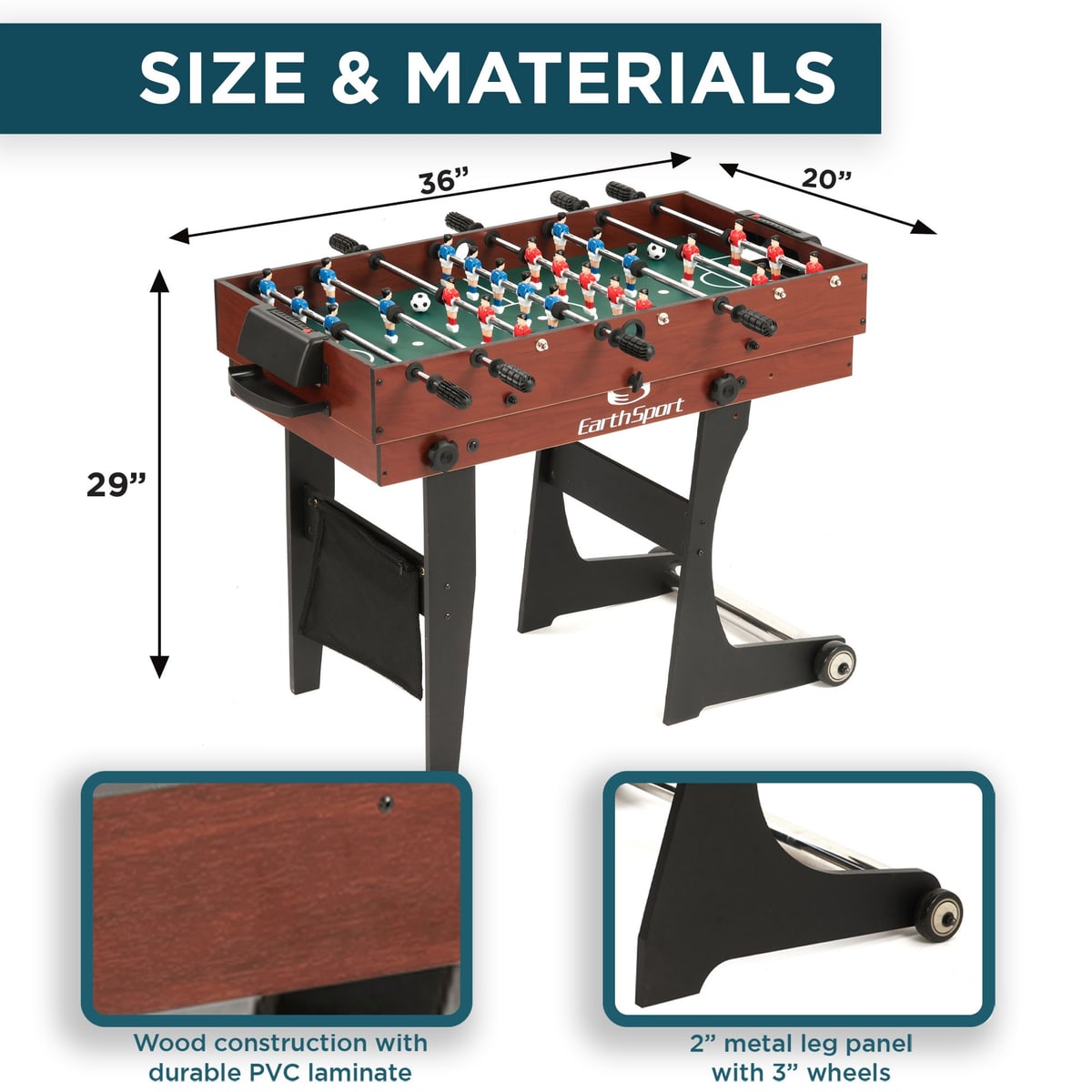 EarthSport 4-in-1 multi-game table size and materials guide: 36 by 20 by 29 inches, wood construction with durable PVC laminate and 2-inch metal leg panels with 3-inch wheels.