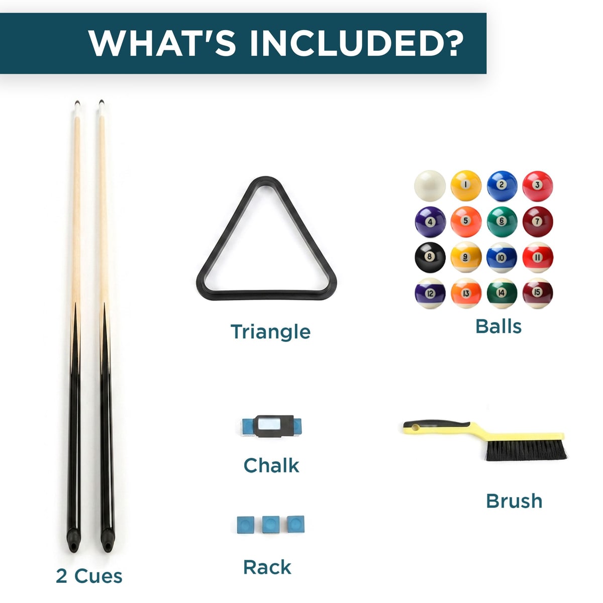 Accessories included with the EarthSport billiards table: two cues, a triangle, balls, chalk, and a brush.