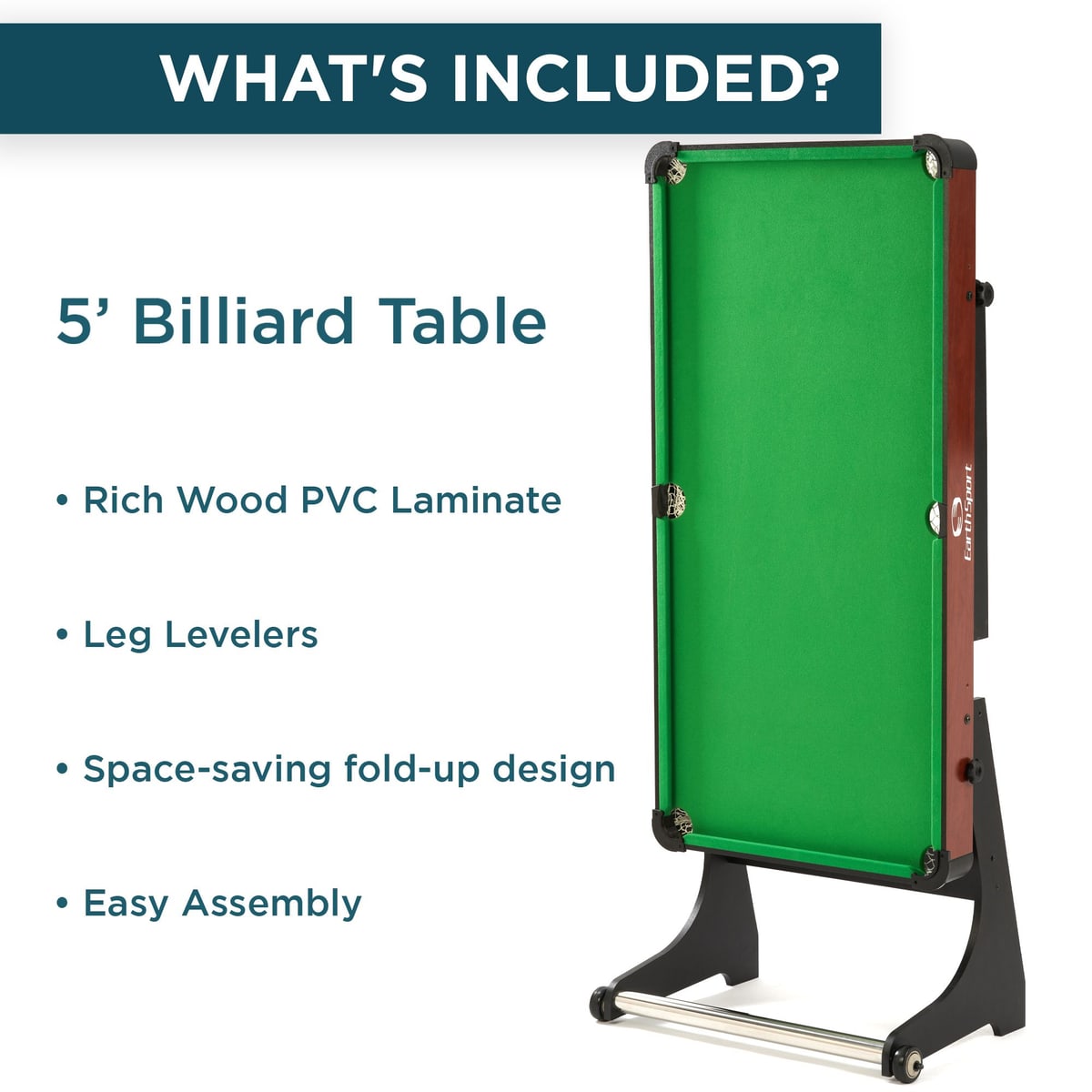 The EarthSport billiards table folded upright, with callouts for rich wood PVC laminate, leg levelers, space-saving fold-up design, and easy assembly.