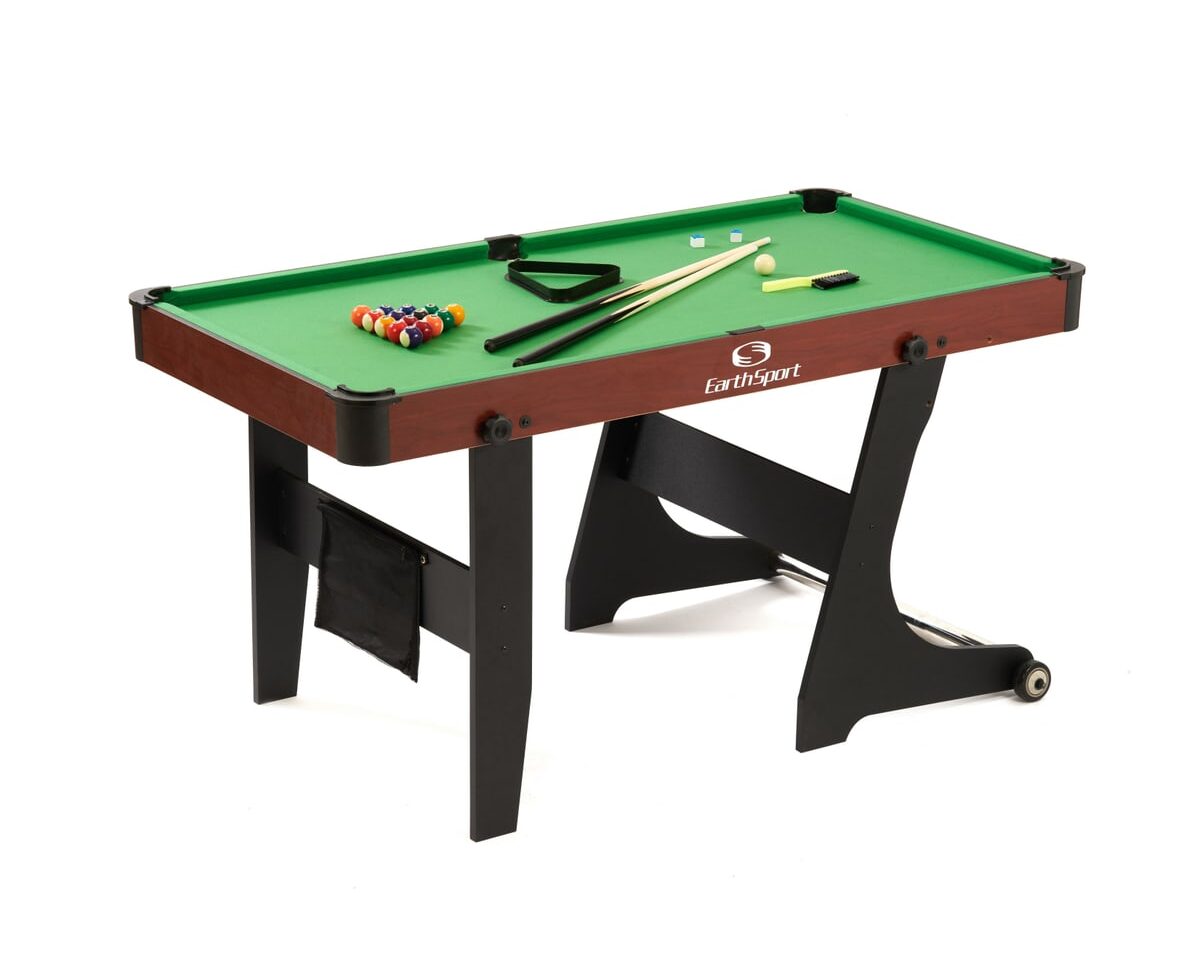 EarthSport billiards table set up for play with racked balls, two cues, triangle, chalk, and brush on the green cloth.