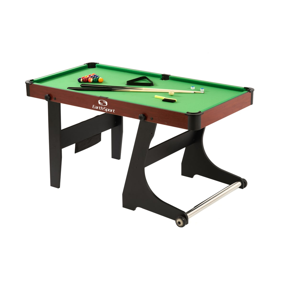 Angled view of the EarthSport billiards table in the open playing position.