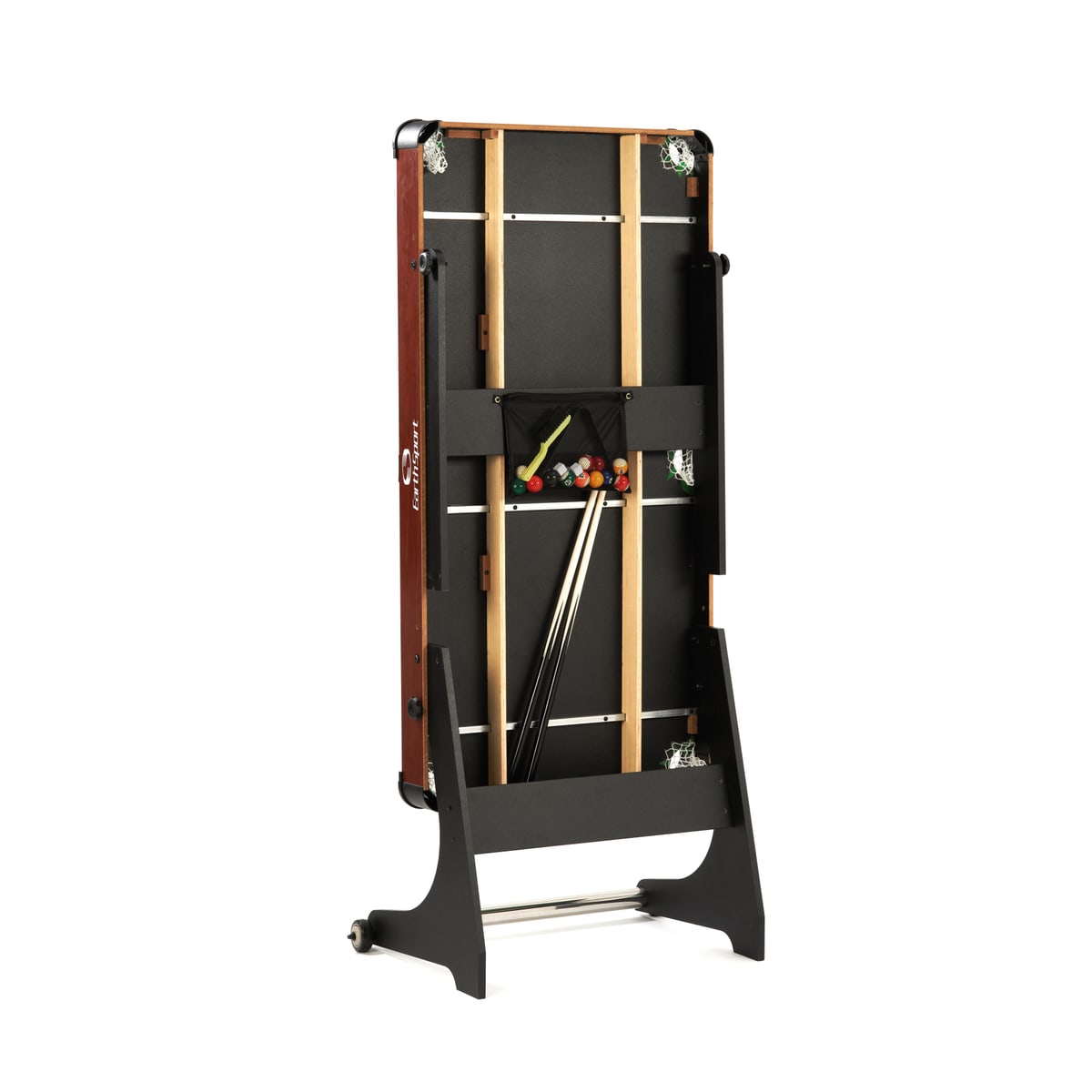 Underside of the folded EarthSport billiards table, showing the accessory pouch holding the balls and cues.