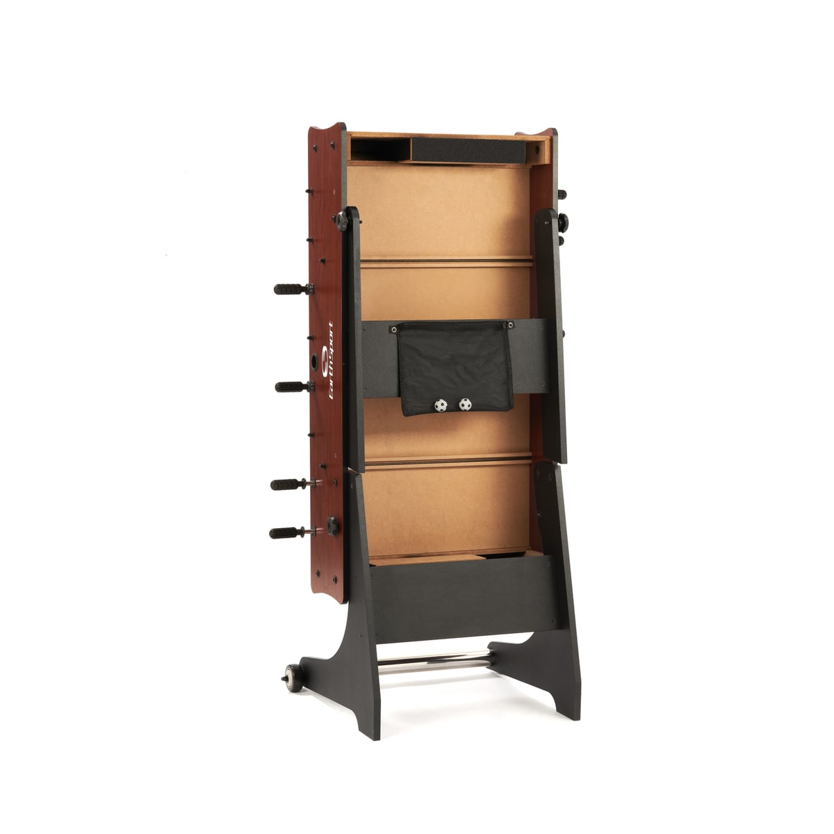 Underside of the folded EarthSport multi-game table, showing the accessory pouch holding the foosballs.
