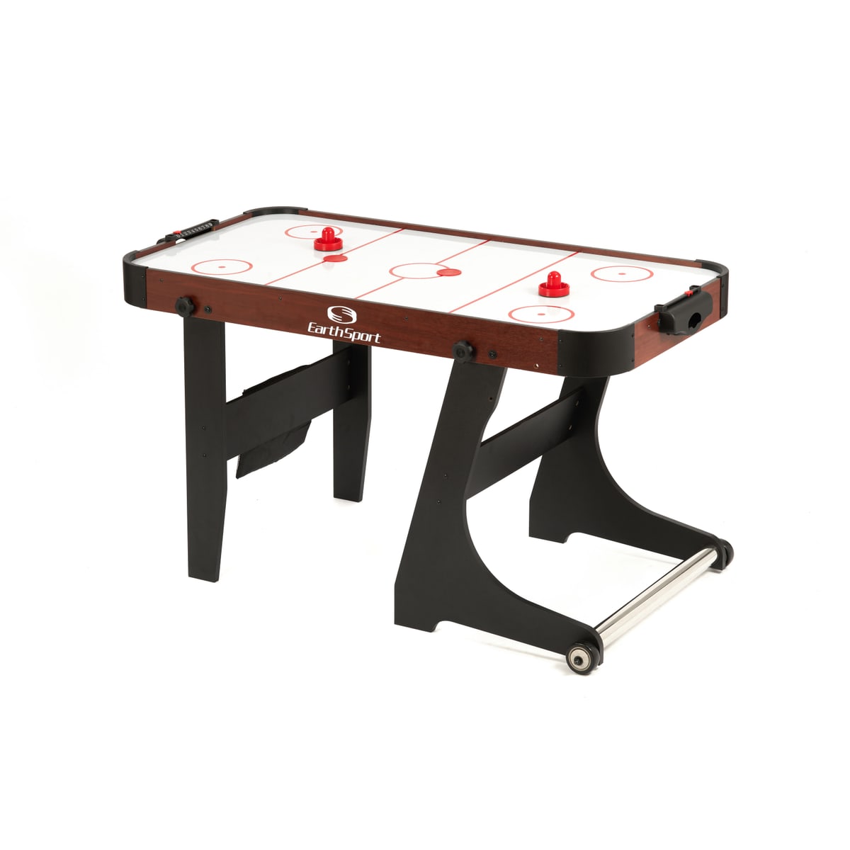 EarthSport air hockey table shown from the opposite end in the open playing position.