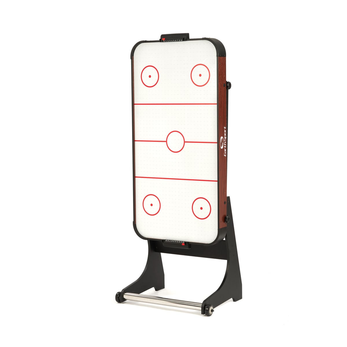 EarthSport air hockey table folded upright on its wheeled base for storage.