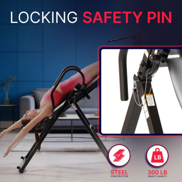 Inversion table safety features on a Medisonic table – ankle security cups and safety straps