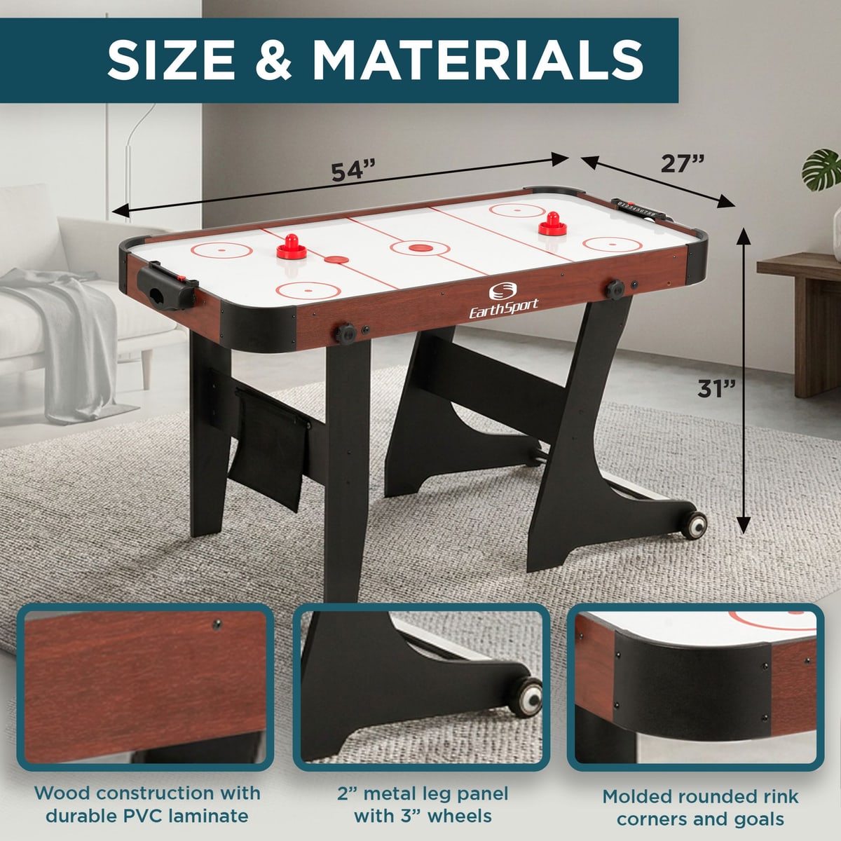EarthSport air hockey table dimensions and material details, including molded rounded rink corners and goals.