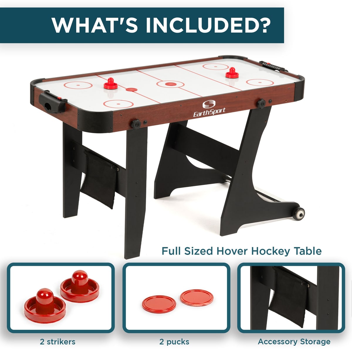 What is included with the EarthSport air hockey table: two strikers, two pucks, and accessory storage.