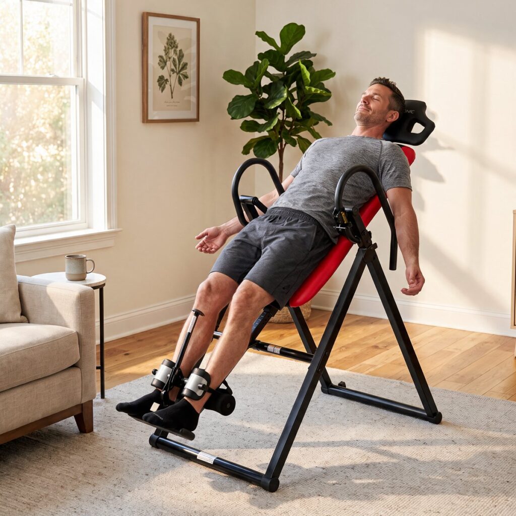 Man reclining on a red Medisonic inversion table in his living room